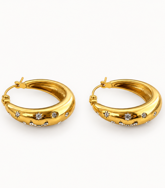 gold huggie hoops, chunky gold hoop earrings, celestial earrings, stainless steel huggie earrings